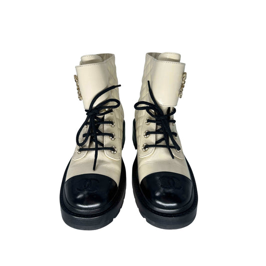 Chanel Leather Quilted CC Logo Lace Up Combat Boots