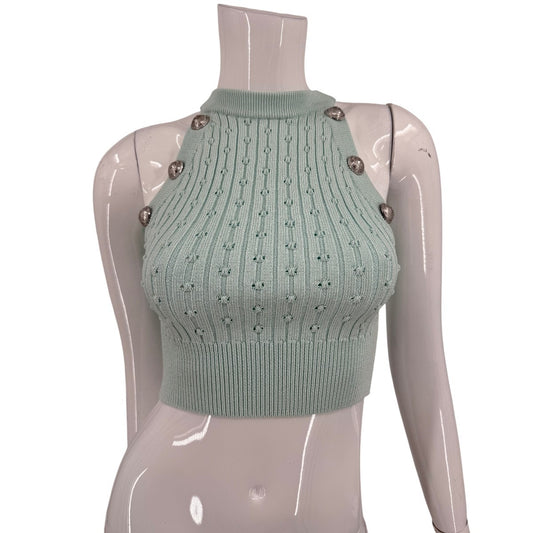Balmain Button Embellished Ribbed Knit Cropped Tank Top Mint