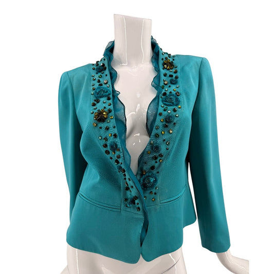 Valentino Silk Embellished Ruffle Open Front Blazer Jacket