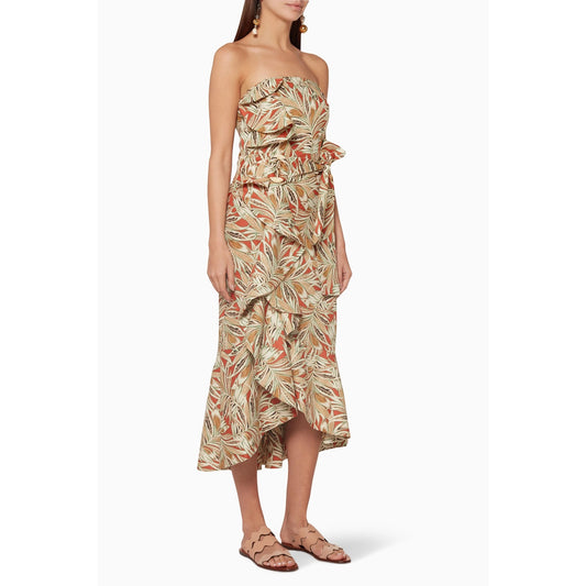 Alexis Leaf Print Strapless Faina Midi Dress