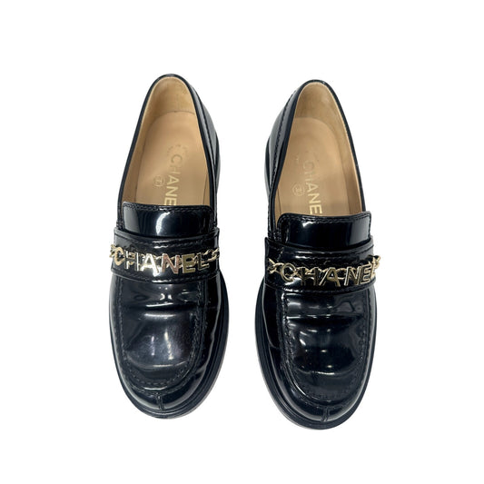 Chanel Patent Leather Logo Chain Flat Loafers