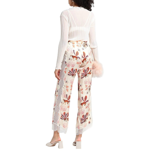 Poupette St Barth Ivory Satin Floral Print High Rise Wide Leg Dress Pants