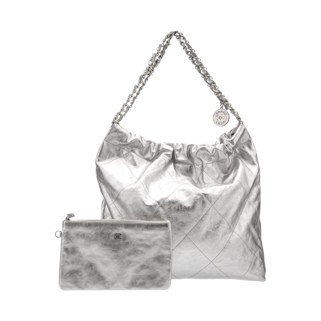 Chanel Metallic Calfskin Leather Quilted 22 Chain Hobo Tote Bag Silver
