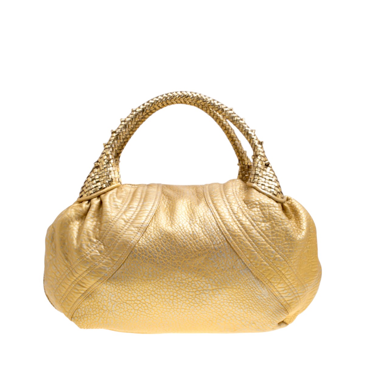 Fendi Metallic Gold Holographic Textured Leather Spy Handbag Woven Handle