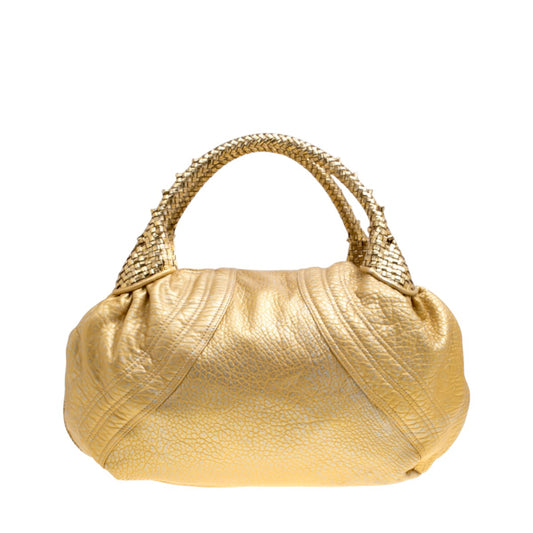 Fendi Metallic Gold Holographic Textured Leather Spy Handbag Woven Handle