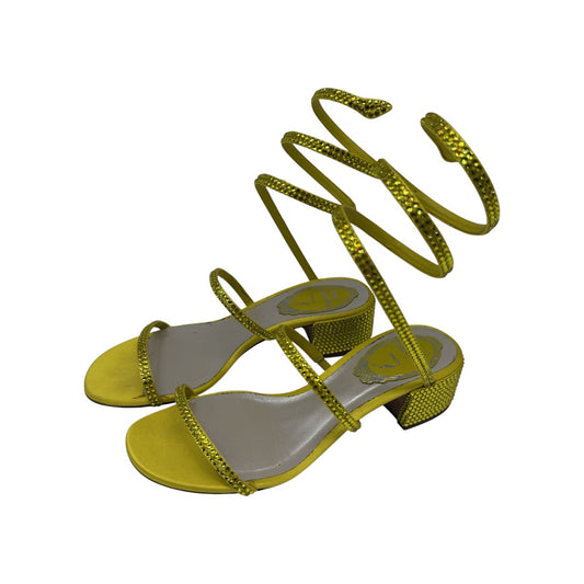 René Caovilla Yellow Silk Satin Rhinestone-Embellished Cloe Sandals