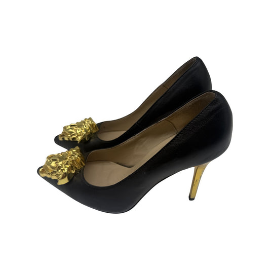 Versace Black Leather La Medusa Embellished Pointed Toe Pumps Heels