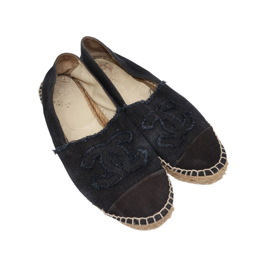 Chanel Black Fabric Interlocking CC Logo Canvas Espadrilles Flats