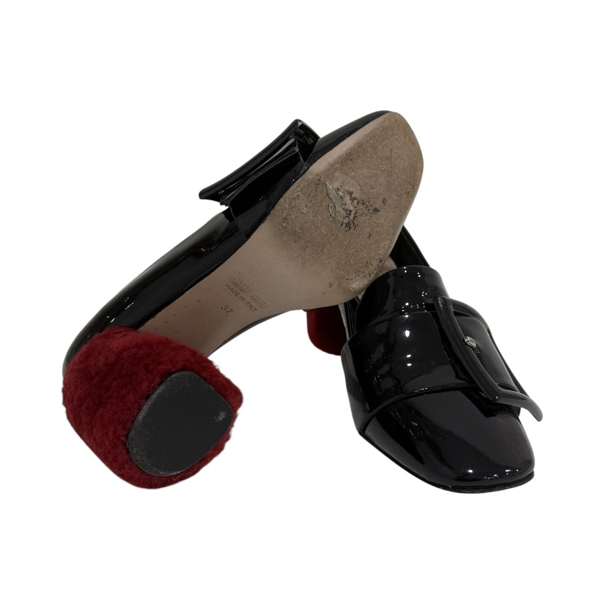 Miu Miu Black Patent Leather Buckle Accents Slip-on Fur Heel Loafers