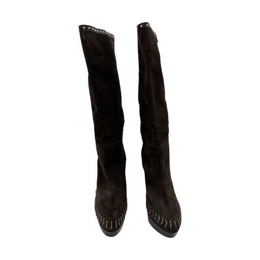 Jimmy Choo Brown Suede Studded Wide Calf Length Platform Boots