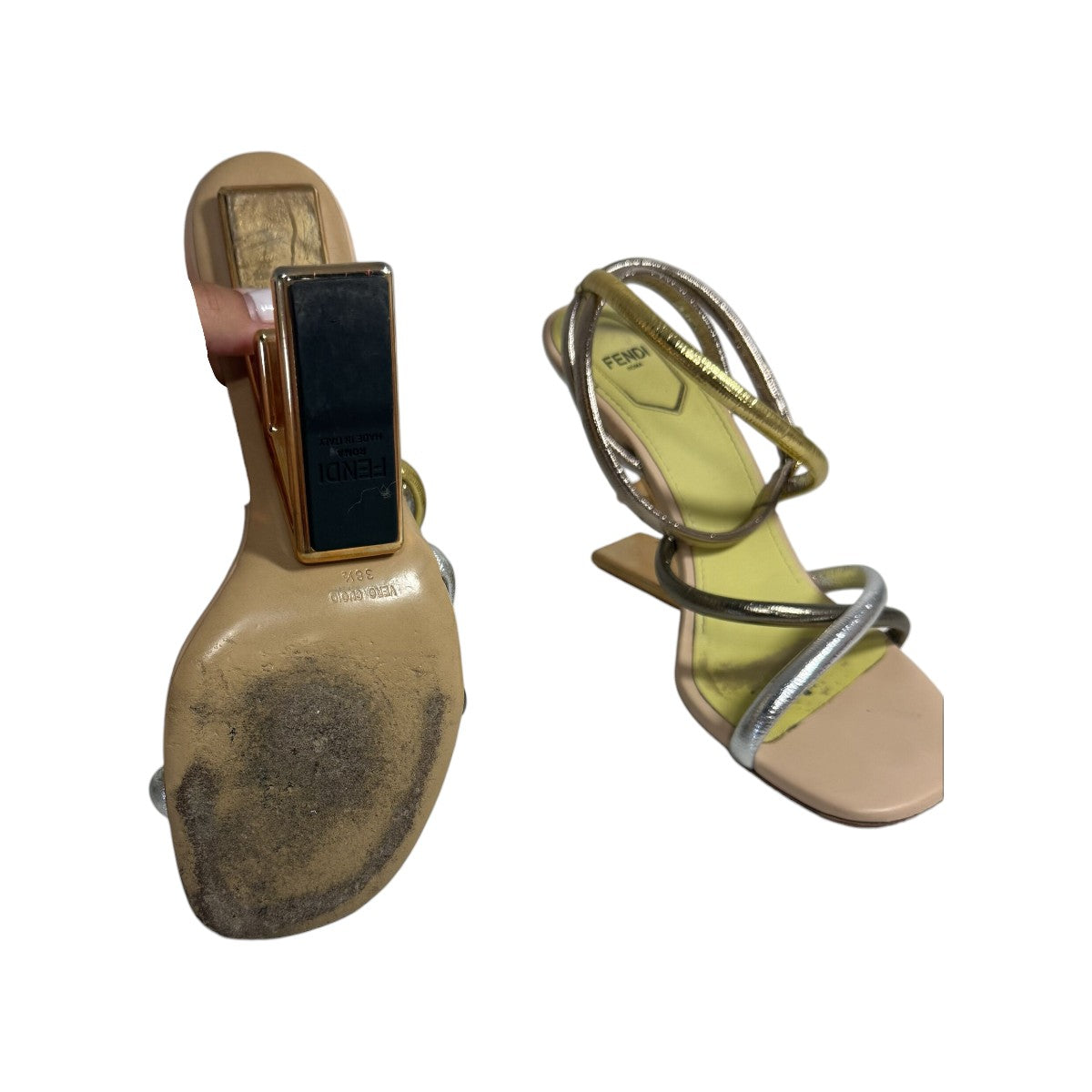 Fendi Gold/Silver Nappa Leather First Strappy F Shape Heel Sandals