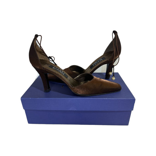 Stuart Weitzman Jezebella Bronze Sparkle Lame Crystals Ankle Strap Heels