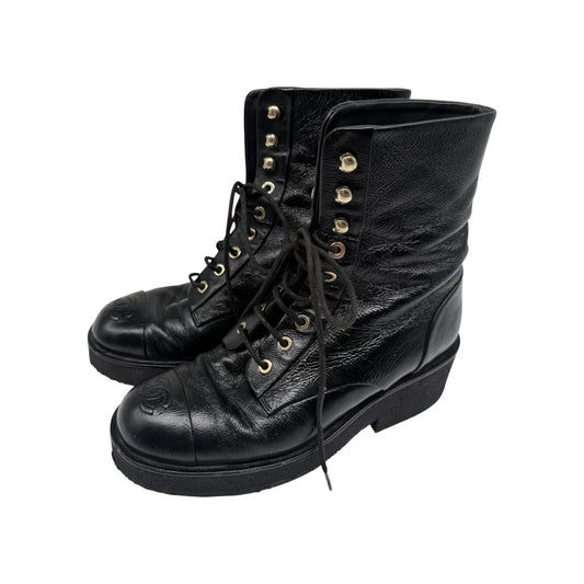 Chanel Black Leather Interlocking CC Logo Lace Up Combat Boots