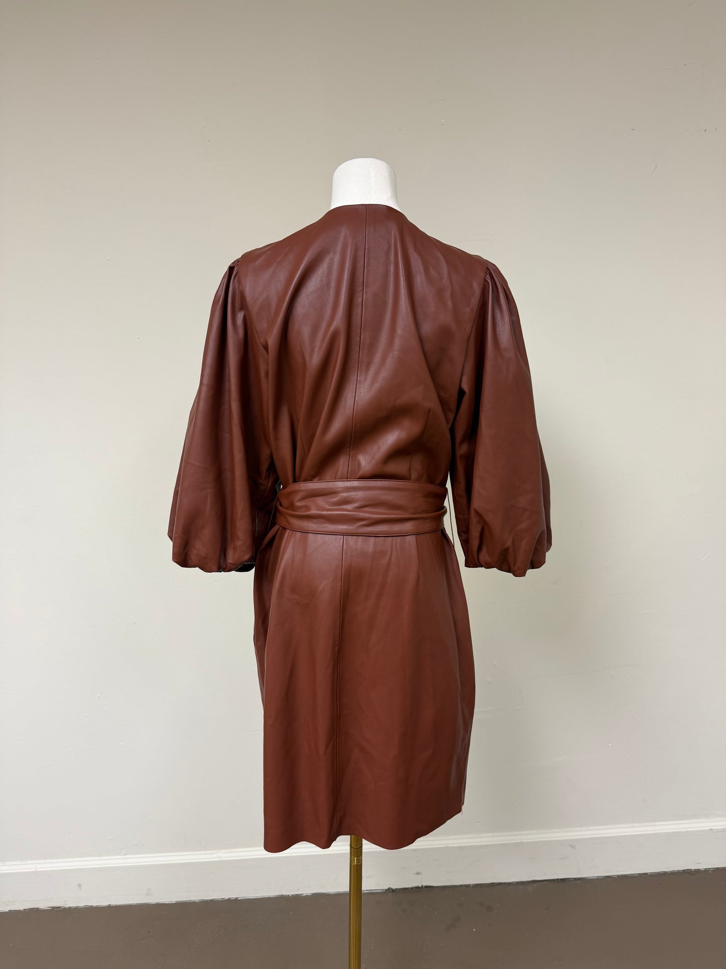 INC International Concept Faux Leather Puff Sleeve Wrap Dress Brown Size 10