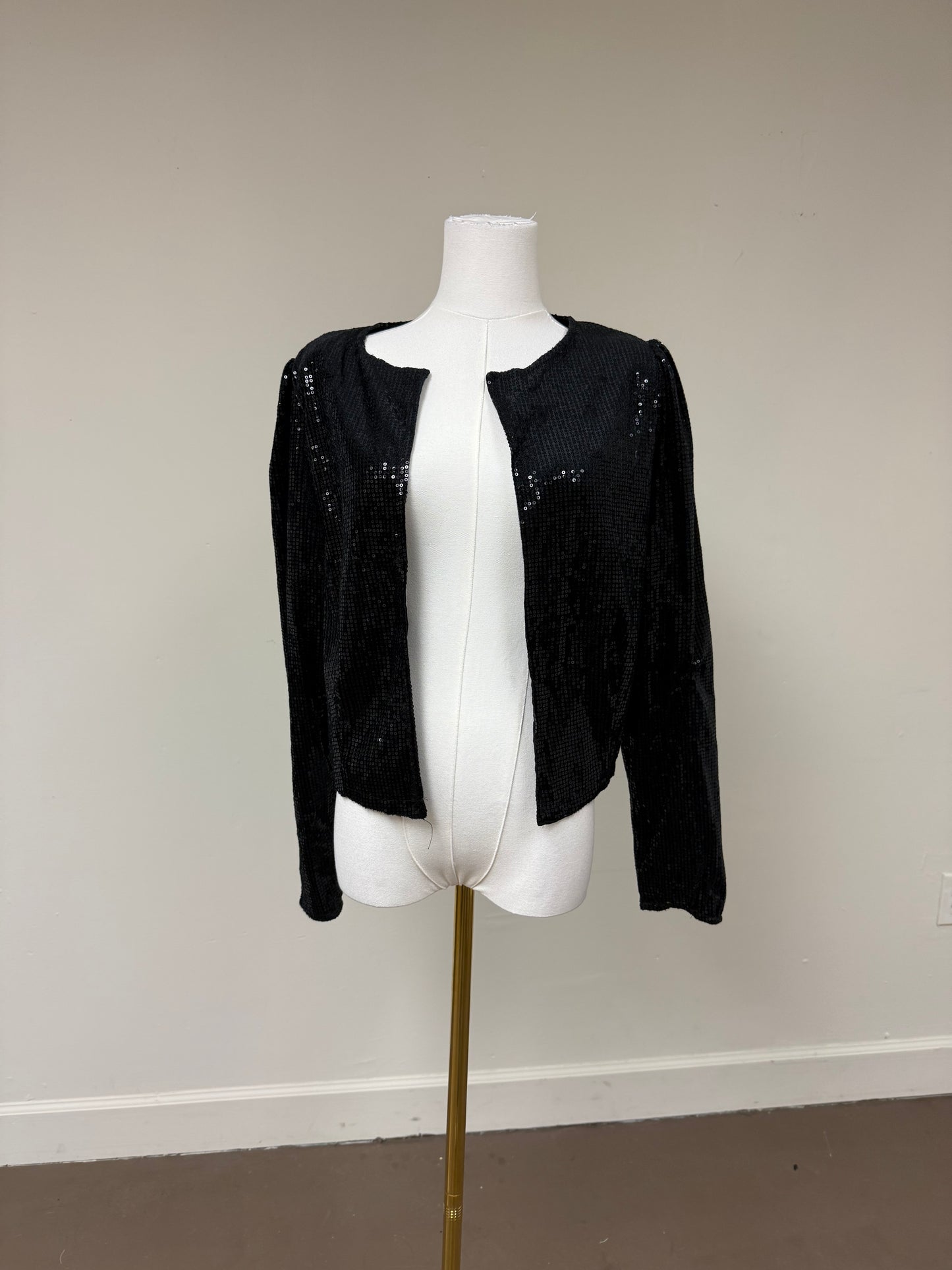 Fashion Women Casual Sequins Sparkling Cardigan Collarless Black Jacket Size M