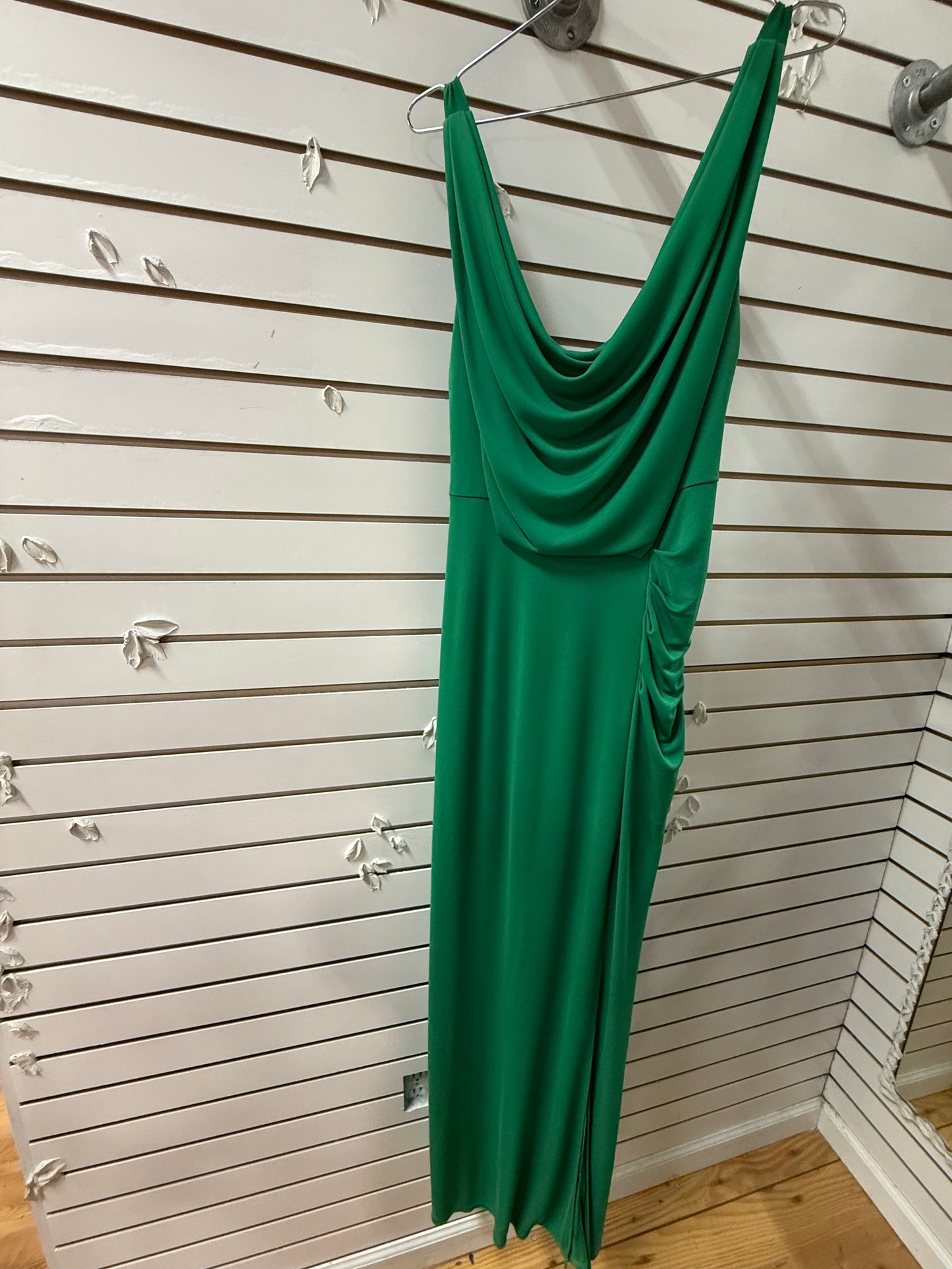 BCBG MAXAZRIA Lena Draped Scoop Back High Slit Maxi Evening Dress Green Size S