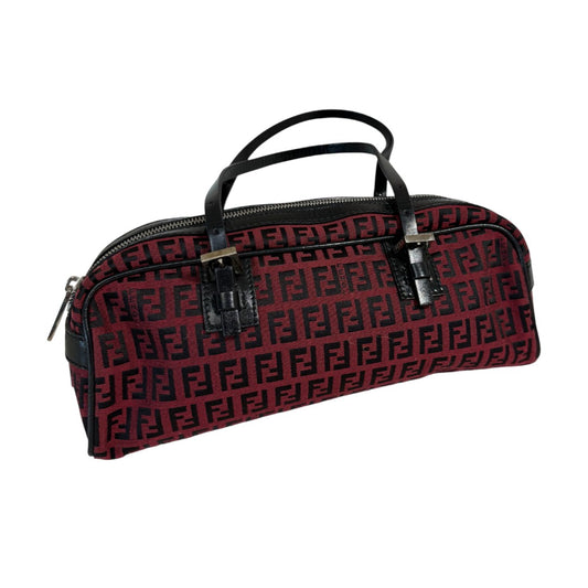 Fendi Zucchino FF Logo Canvas and Leather Top Handle Bowler Shoulder Bag Red