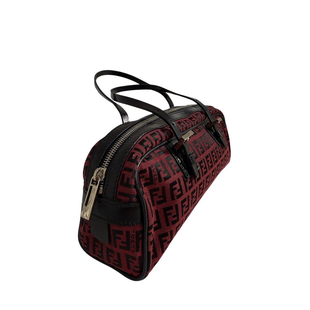 Fendi Zucchino FF Logo Canvas and Leather Top Handle Bowler Shoulder Bag Red