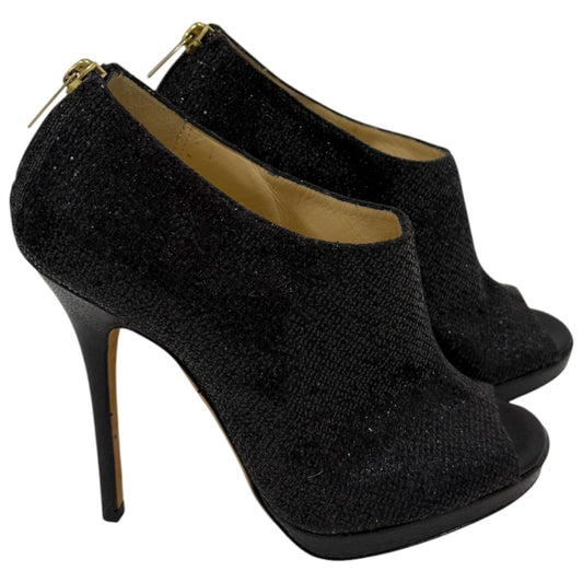 Jimmy Choo Black Glitter Fabric & Leather Hector Peep-Toe Ankle Booties