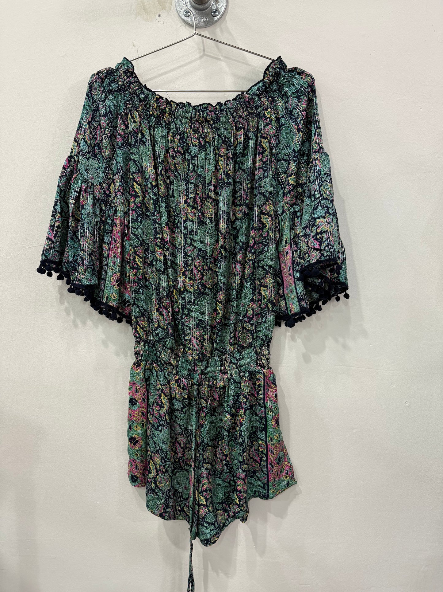 Anthropologie Raga Kassie Pom Pom Off The Shoulder Romper Blue Floral Size XS