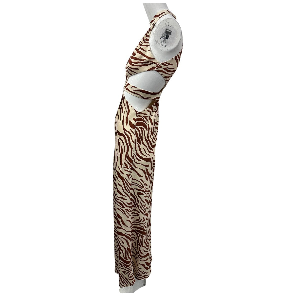 Auteur Brown Beige Silk Cut Out Zebra Animal Print Halter Maxi Dress