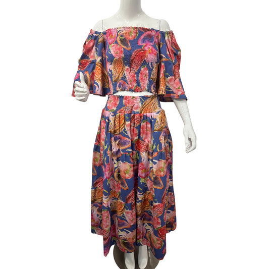 Florencia Davalos Cotton Allegra Ruched Top Reversible Skirt Set Fruit Pattern