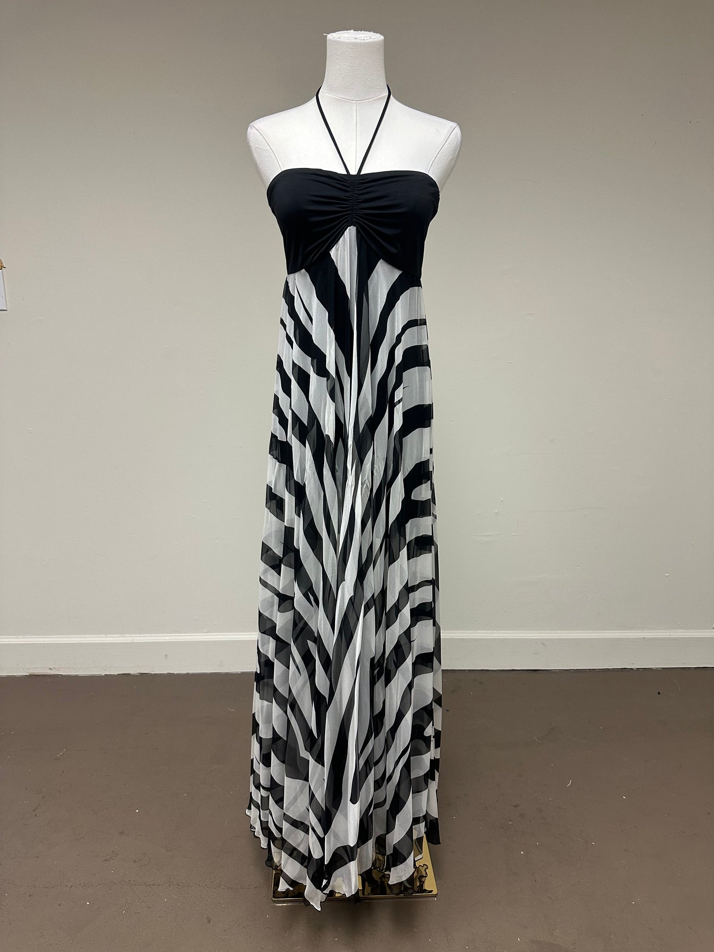 Analili Silk Zebra Print Halter Strap Maxi Dress Black White Size S