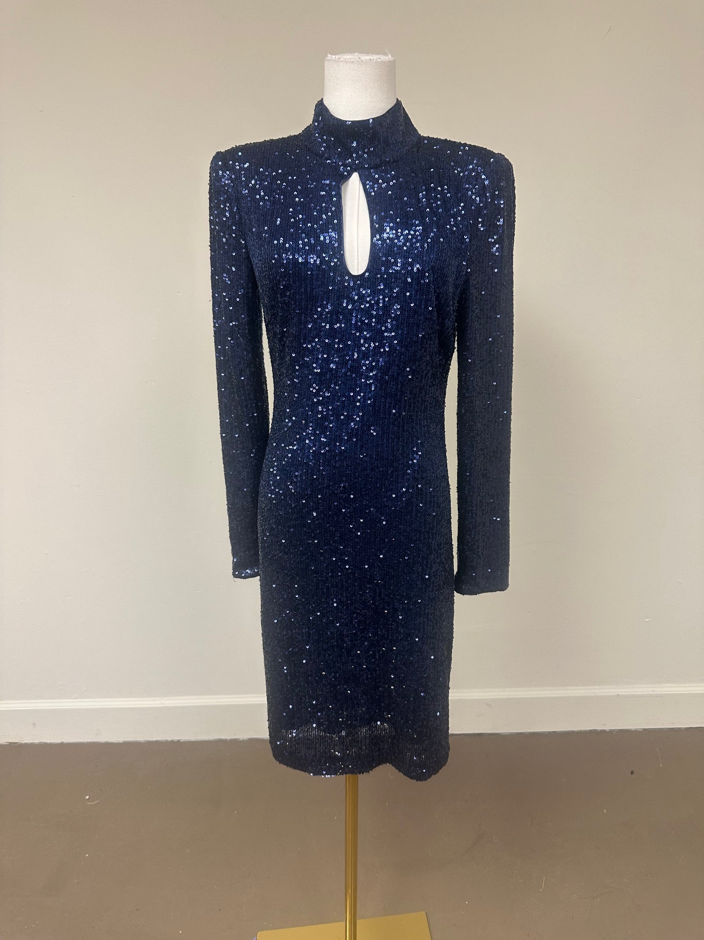 Vince Camuto Sequin Mock Neck Keyhole Sheath Sequin Mini Dress Navy Blue Size 8