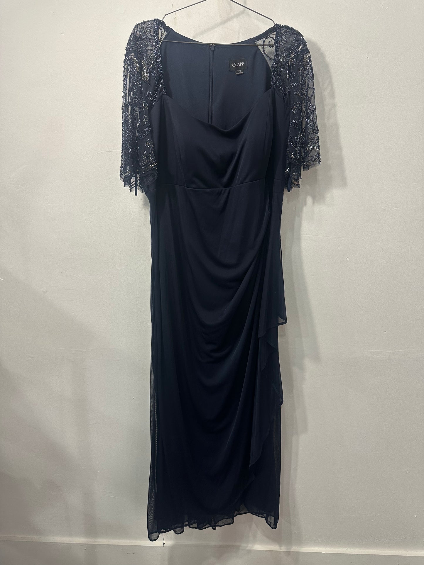 Xscape Sheer Sequin Beaded Sleeve Ruched Jersey Maxi Dress Navy Blue Size 22W
