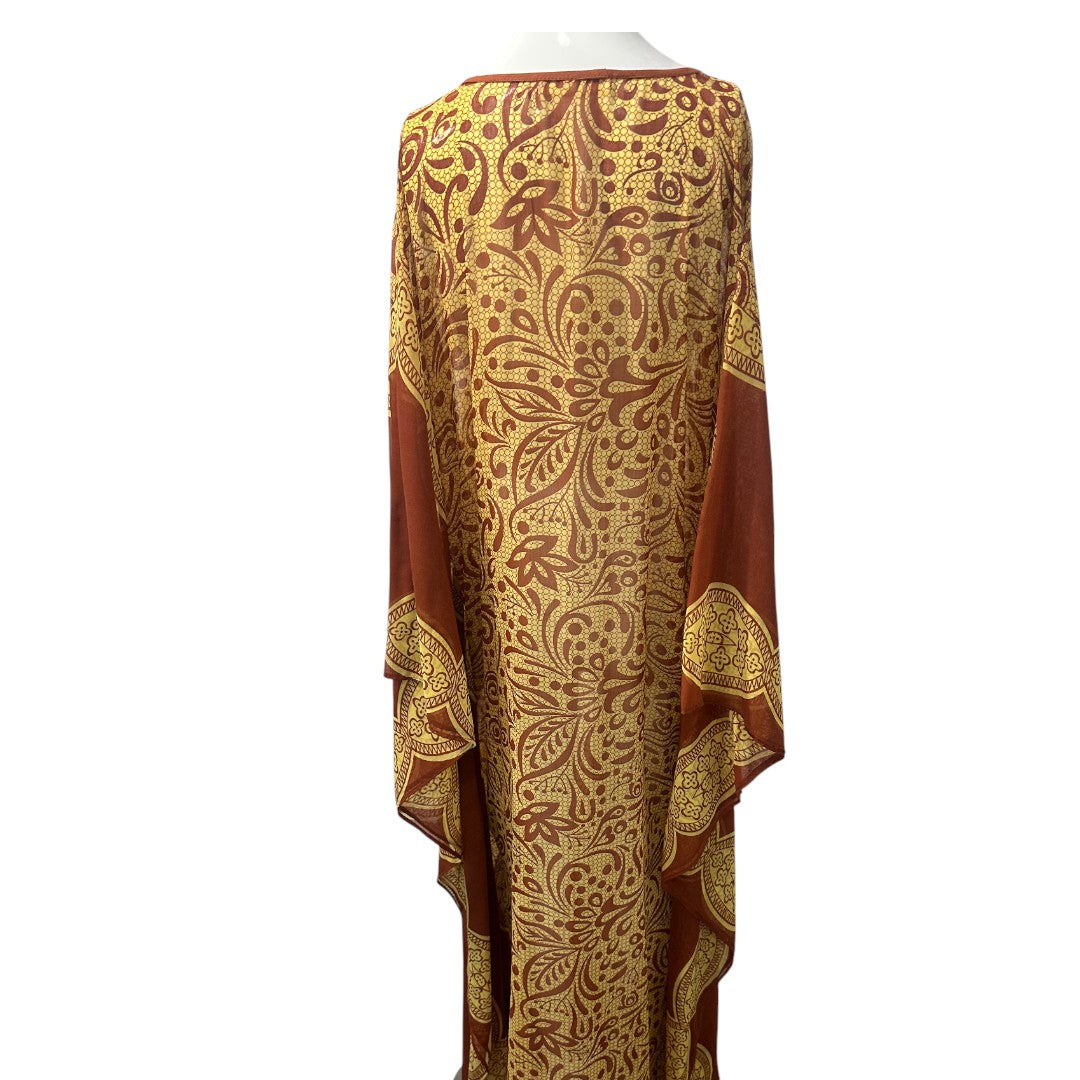 Elsa Cohen Gold Brown Long Sleeves Kaftan-Style Maxi Dress