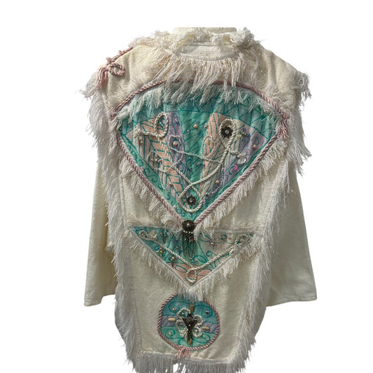 Crystal Open-Front Jacket Cotton Blend Multi-Colored Fabric Patches