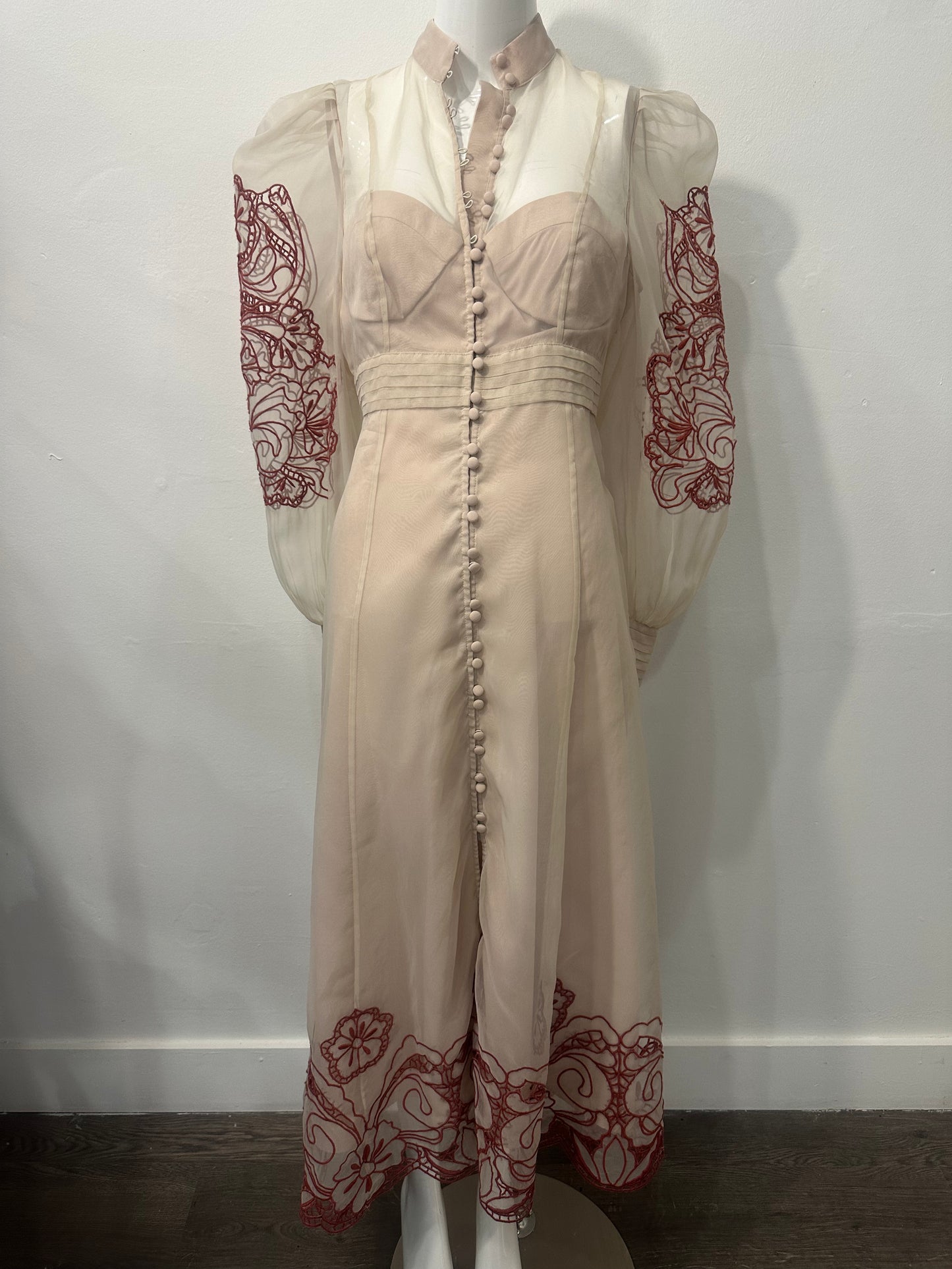 Karen Millen Organdie Embroidered Woven Long Sleeves Midi Dress Cream Size 6