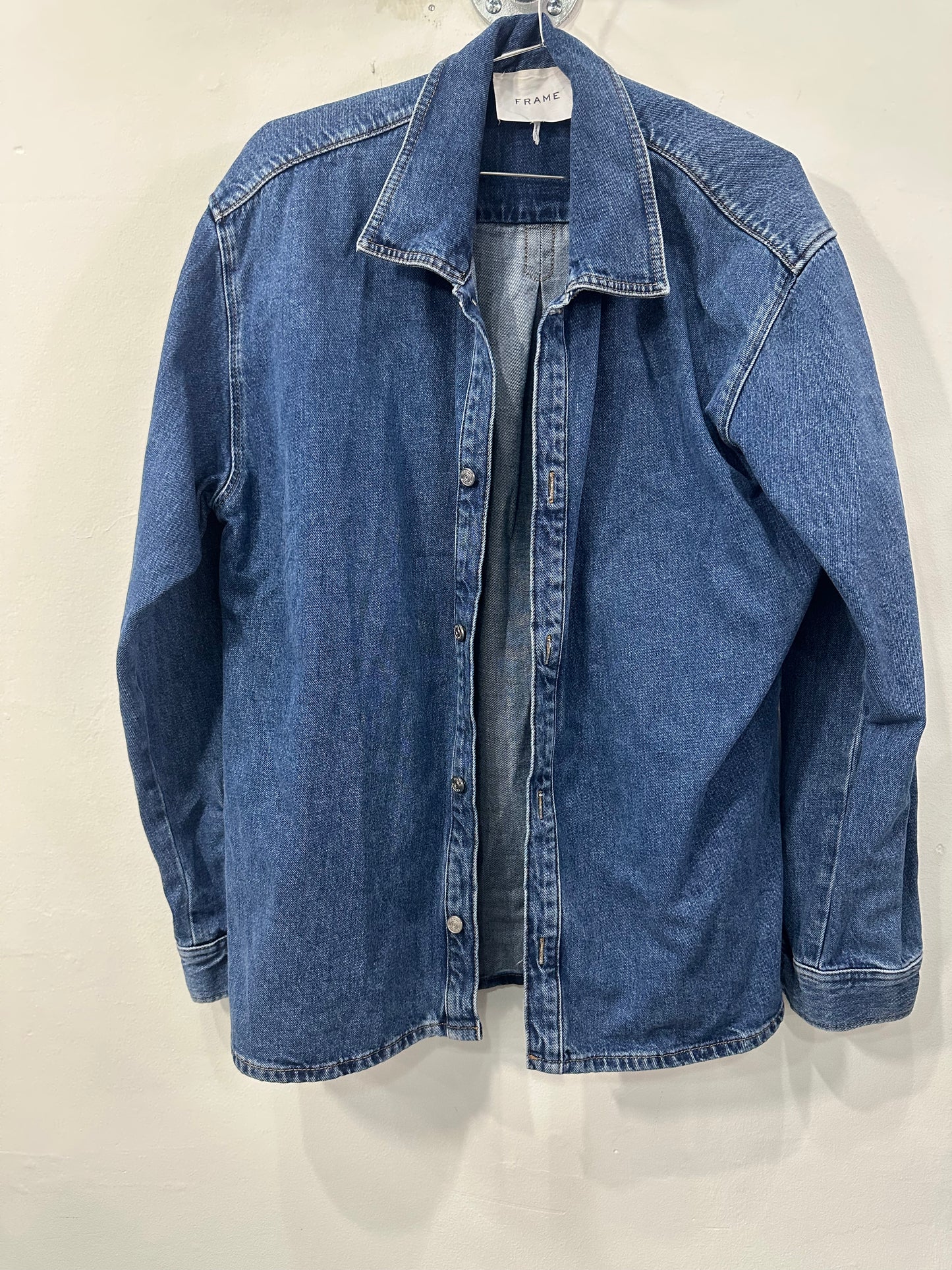 Frame Cotton Denim Button Up Collared Long Sleeve Shirt Blue Size L