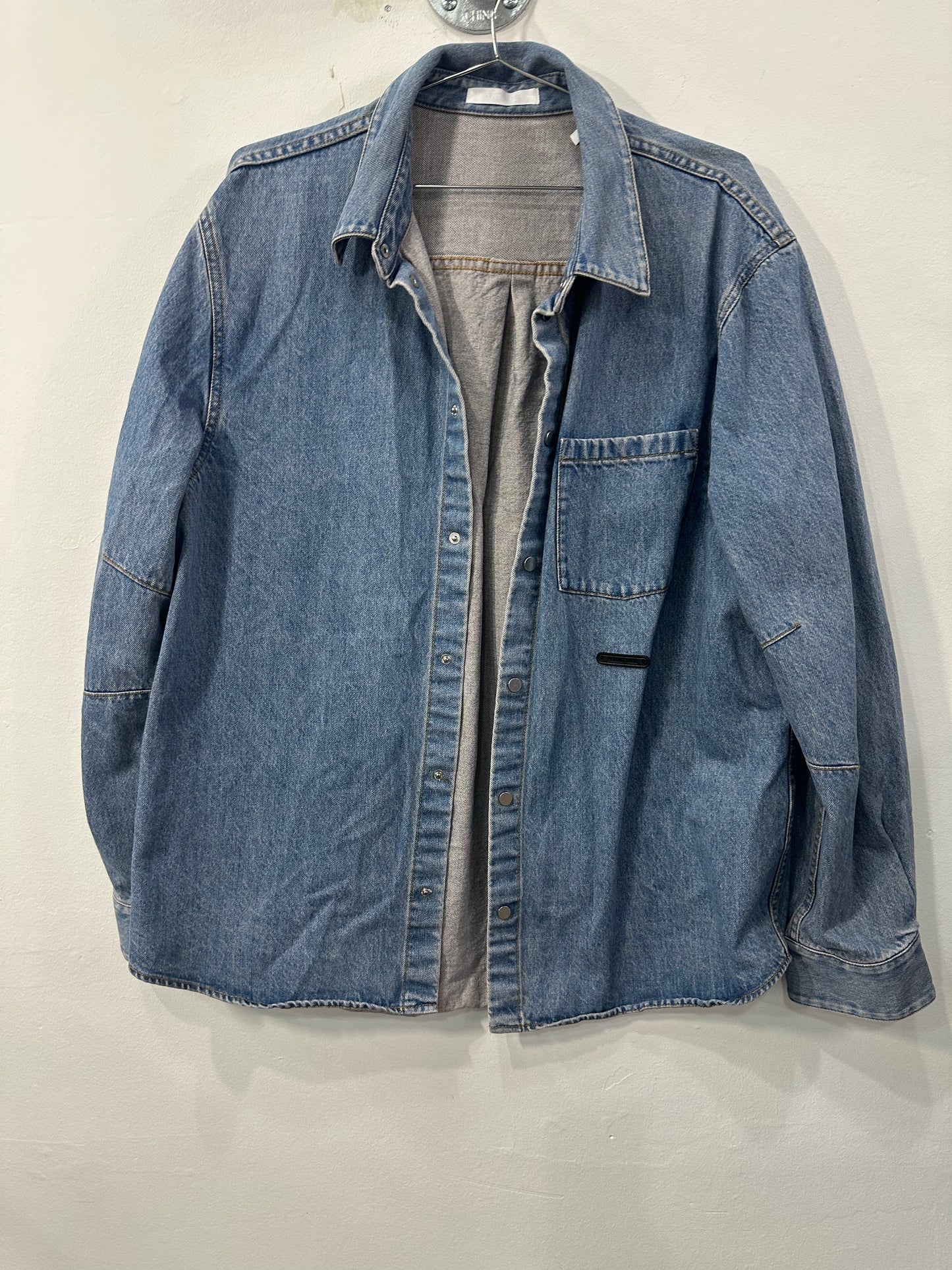Helmut Lang Cotton Denim Logo Long Sleeve Collared Shirt Blue Women's Size L