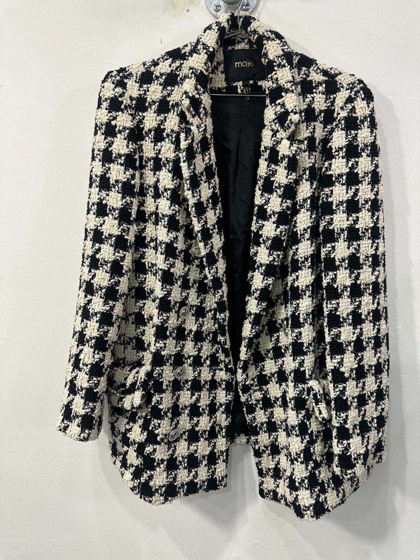 Maje Wool Blend Houndstooth Double-Breasted Jacket Black White Size 36