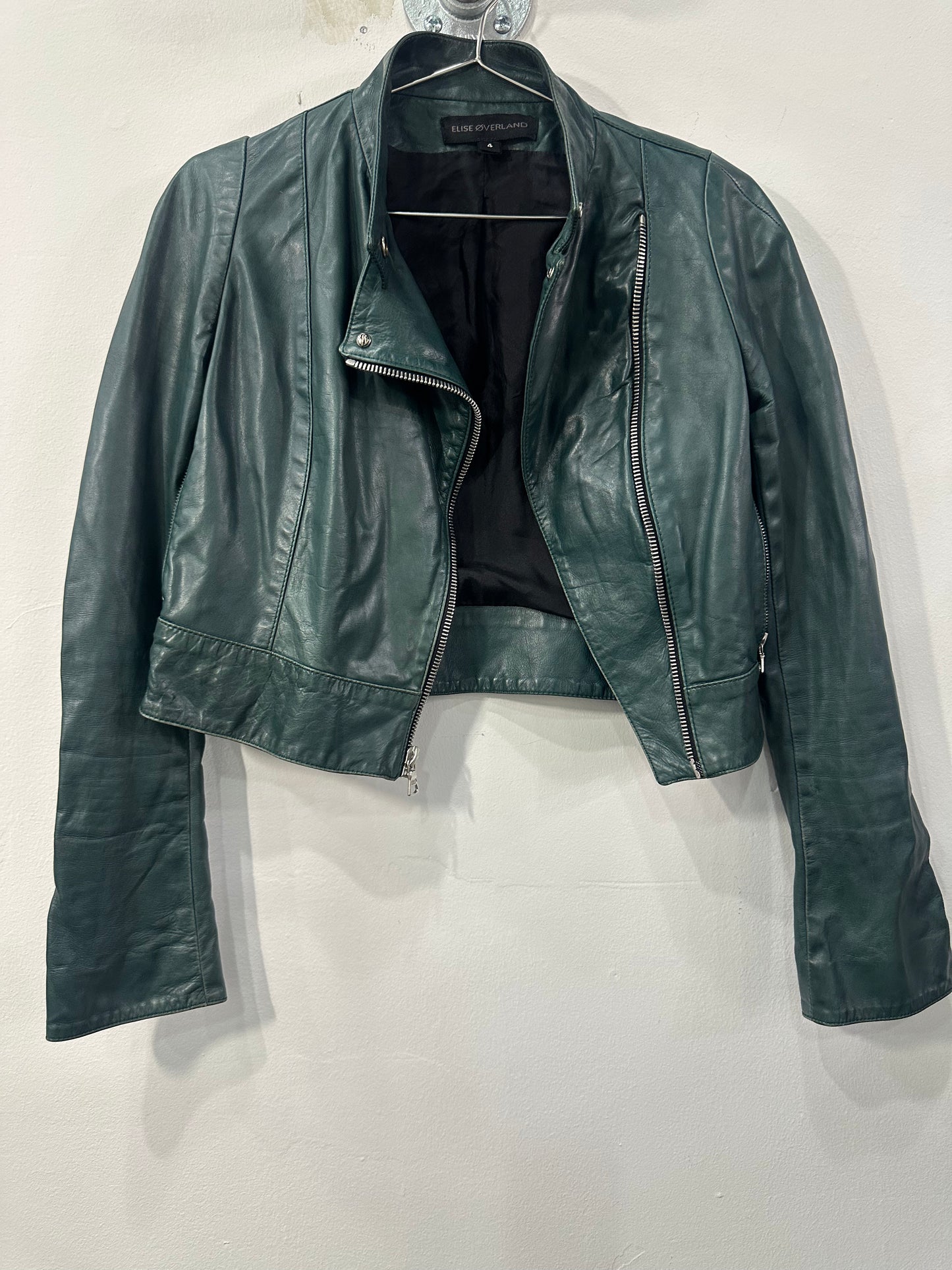 Elise Øverland Leather Front Zip Long Sleeve Cropped Biker Jacket Green Size 4