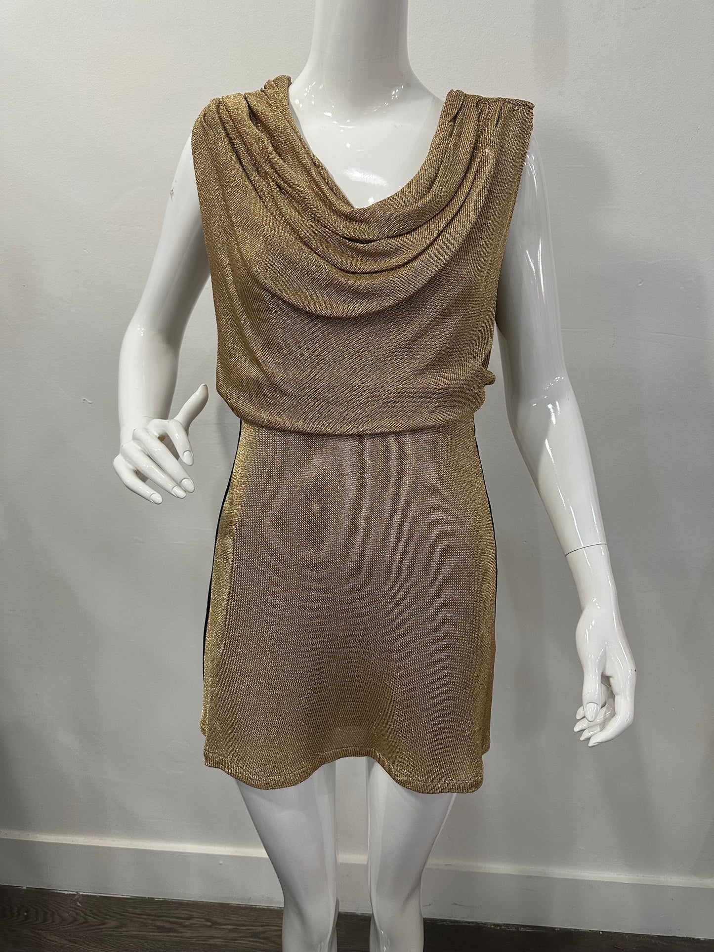 Fendi Draped Neckline Sleeveless Mini Dress Gold Metallic Size S