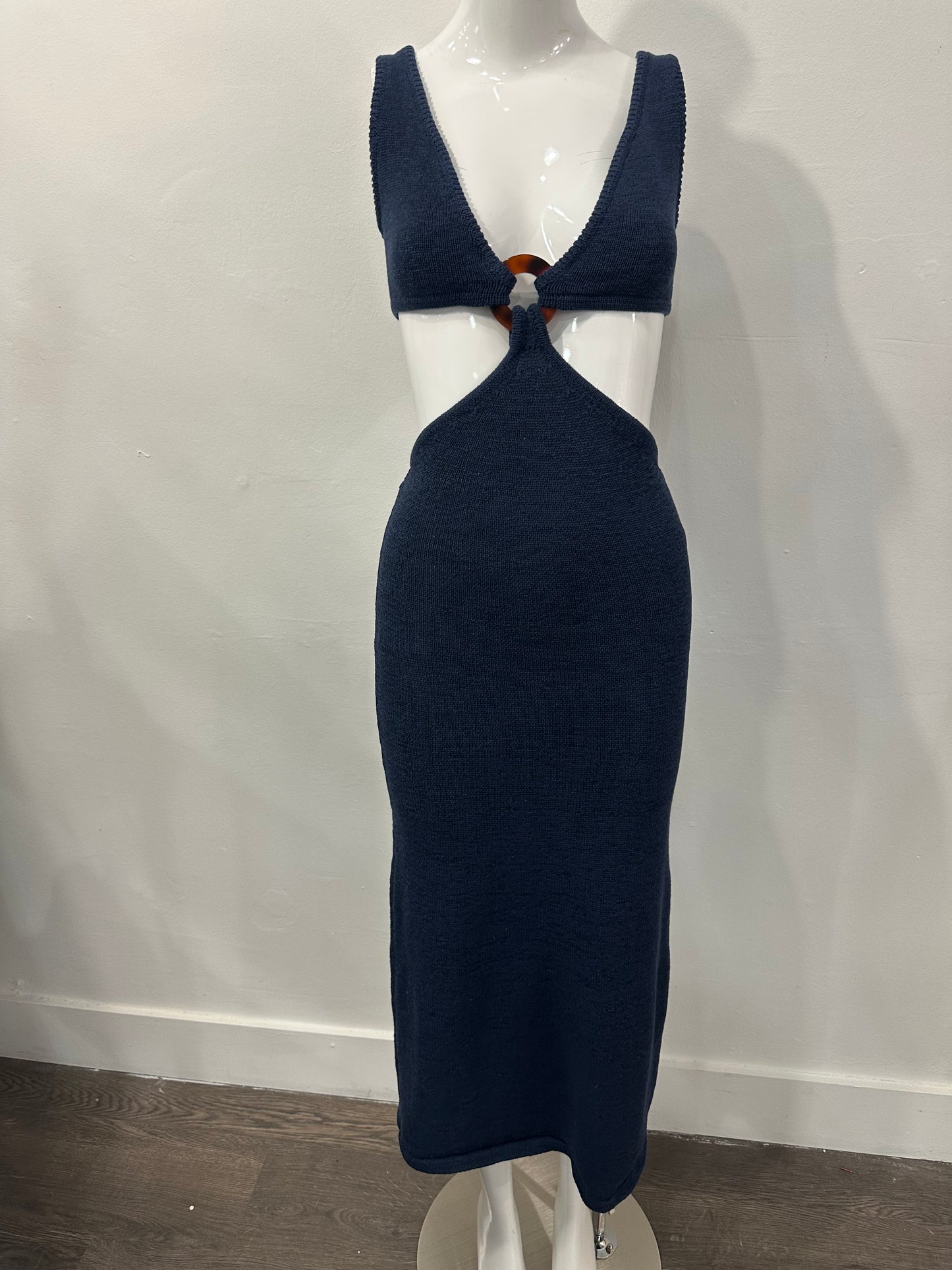 Cult Gaia Cotton Knit V-Neck Sleeveless Cut-Out Bank Midi Dress Blue Size XS