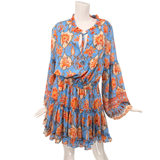 Misa Elisabetta Floral Ruffle Long Sleeve Pleated Mini Dress