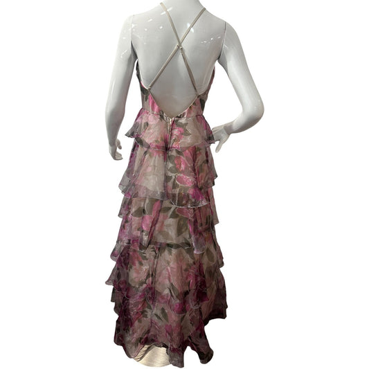 Speechless Fuschia Organza Floral-Print Layer Tulle Halter Maxi Dress