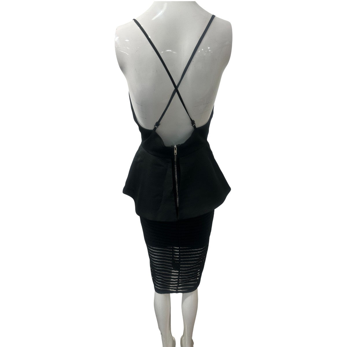 Lovesong Black Peplum Backless Spaghetti Straps Mesh Skirt Midi Dress