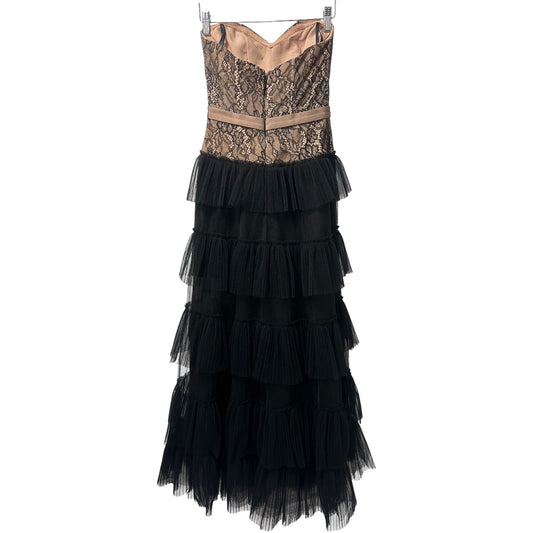 BCBGMAXAZRIA Black Floral Lace Ruffle Tulle Strapless Maxi Evening Dress