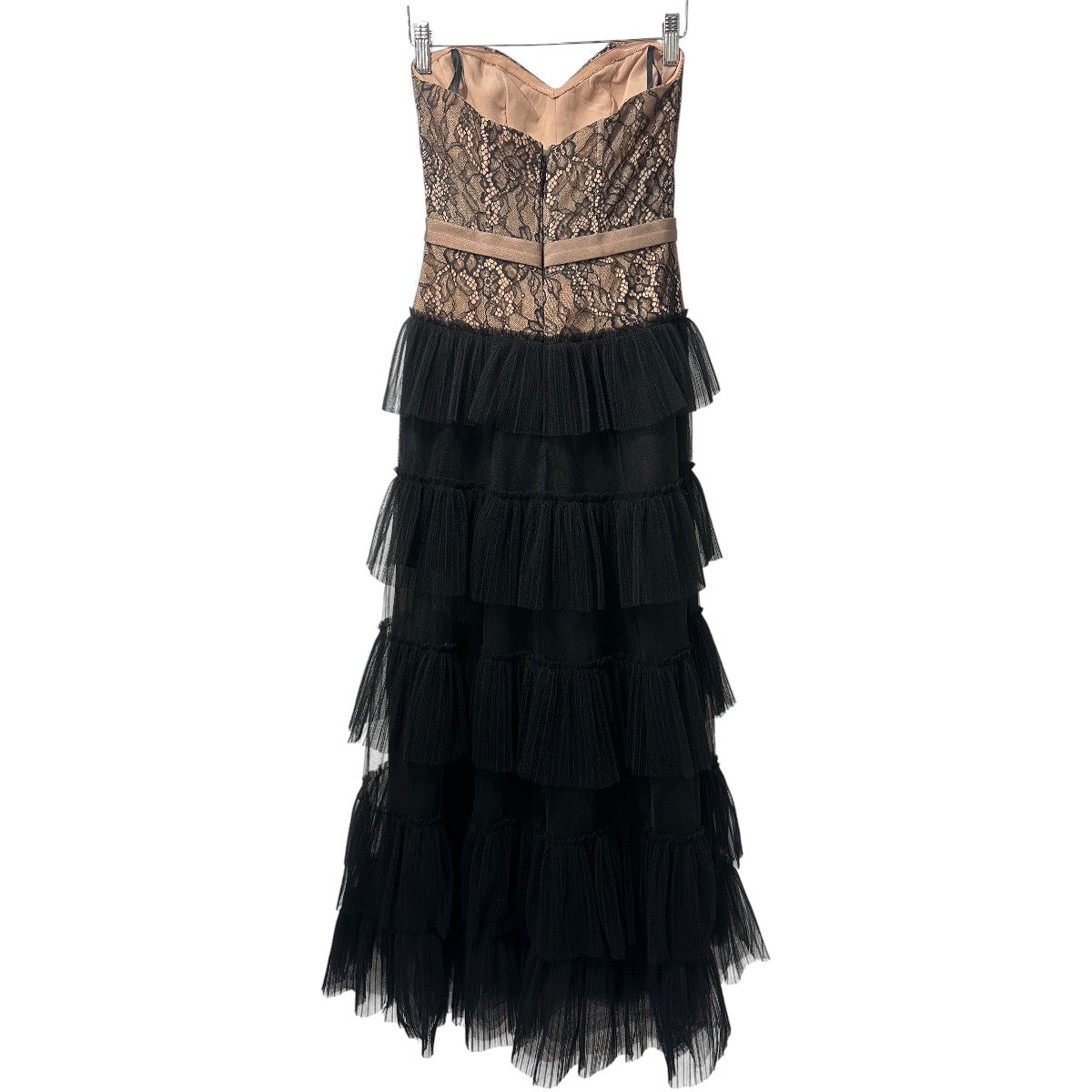 BCBGMAXAZRIA Black Floral Lace Ruffle Tulle Strapless Maxi Evening Dress