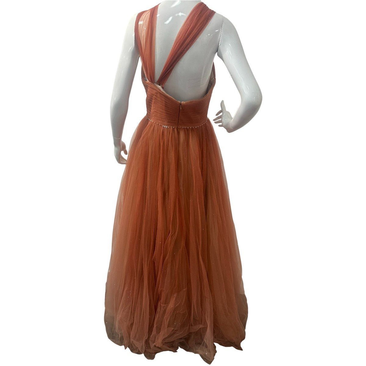 Mac Duggal Brown Tulle Glitter-Flecked Halter Neck Maxi Ball Gown