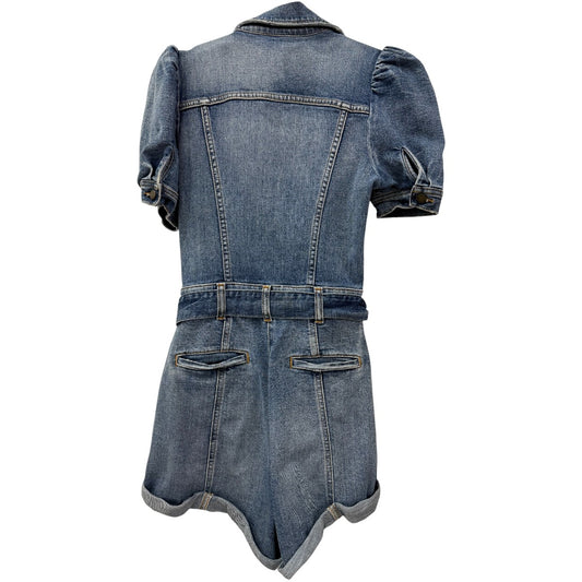 Retrofete Blue Phoebe Puff Sleeve Belted Denim Romper