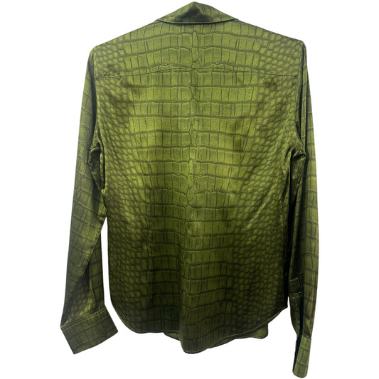 Loro Piana Green Silk Crocodile Print Button-Up Long Sleeve Shirt Women's