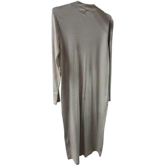 Zara Beige Ruched High Neck Ribbed Longsleeves Midi Dress