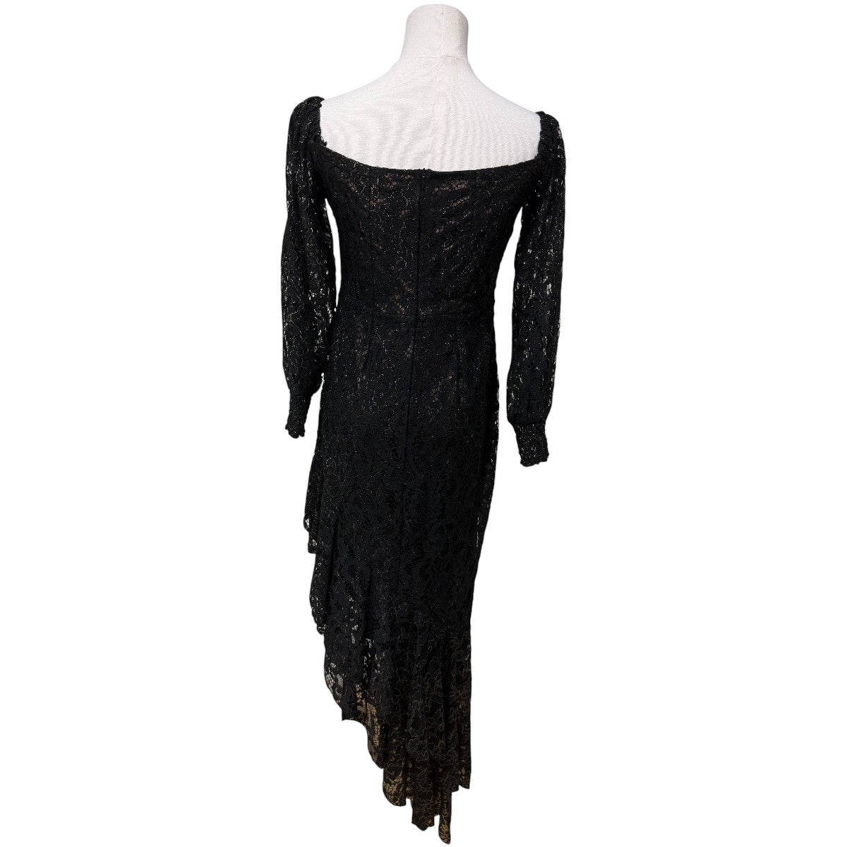 Genavieve The Label Black Floral Lace Ruffle Accent Long Sleeve Asymmetric Midi Dress