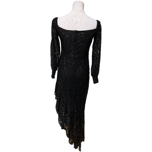 Genavieve The Label Black Floral Lace Ruffle Accent Long Sleeve Asymmetric Midi Dress