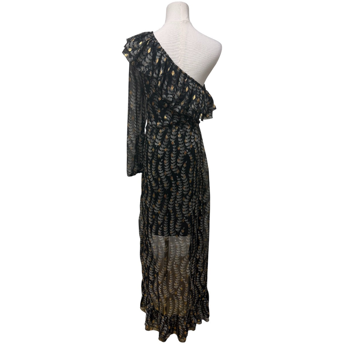 Genavieve The Label Black Leaf Print Ruffle Accent One Shoulder Asymmetric Midi Dress